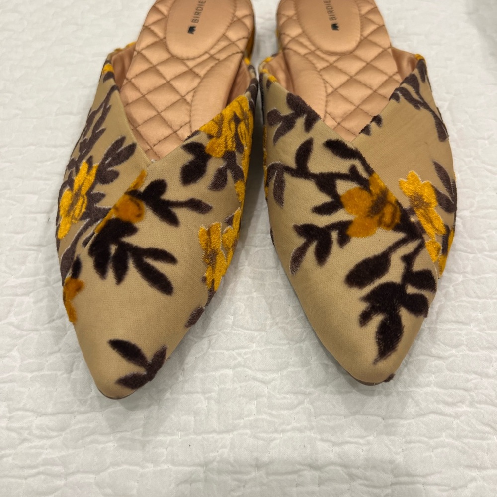 Tan and Yellow Floral Mules with Botanical Design